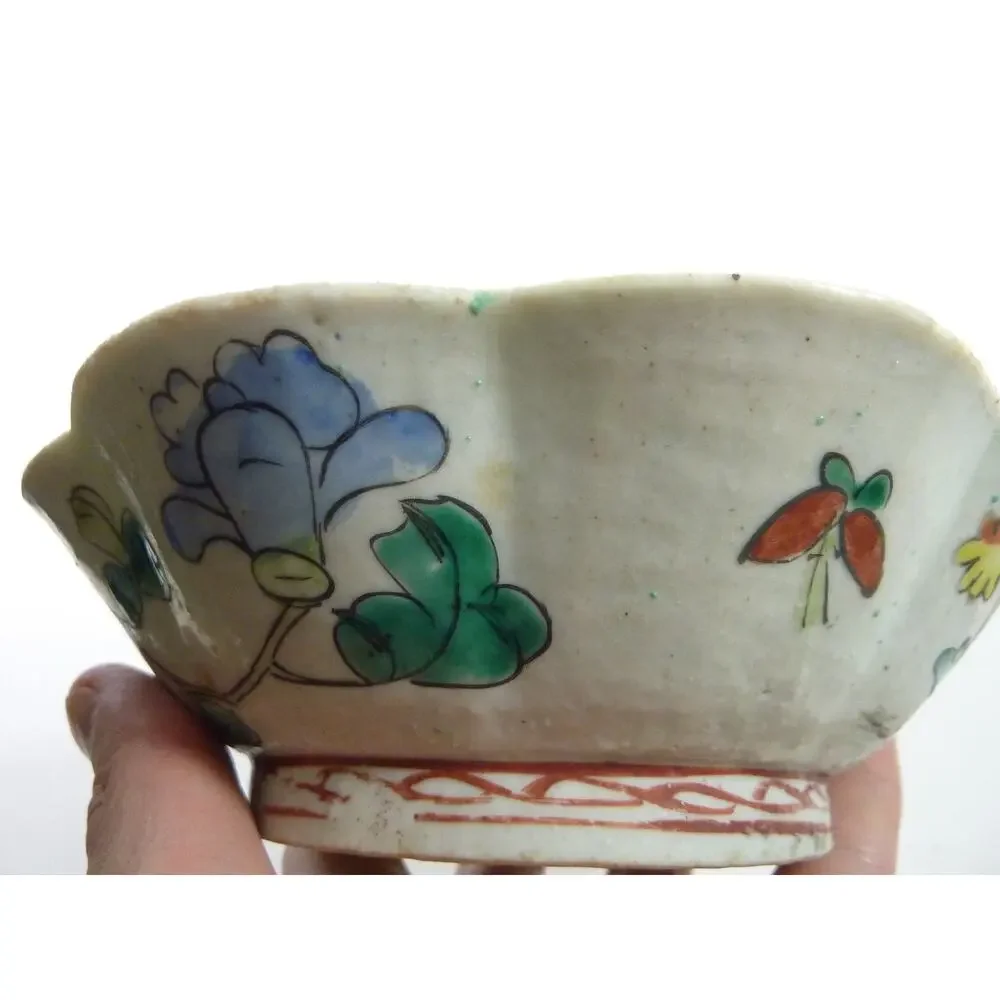 Vintage Chinese Ceramic Rooster Bowl Hand Painted Blue White Floral Footed